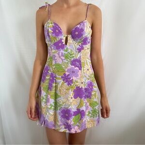 Isalis purple floral tie strap mini dress bustier open back large retro revolve